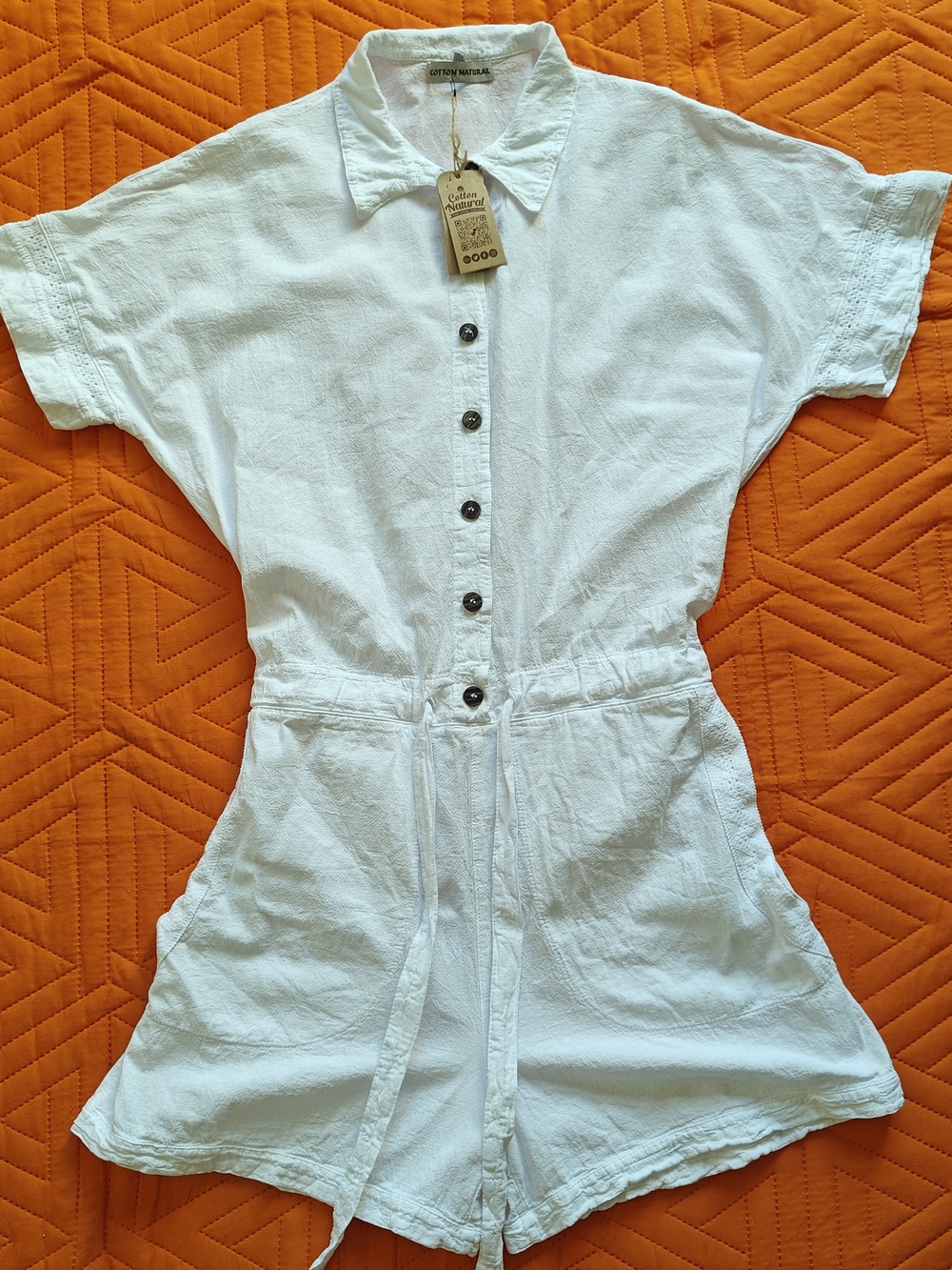 Cotton Natural White 100% Cotton Collared Button Front Romper XL